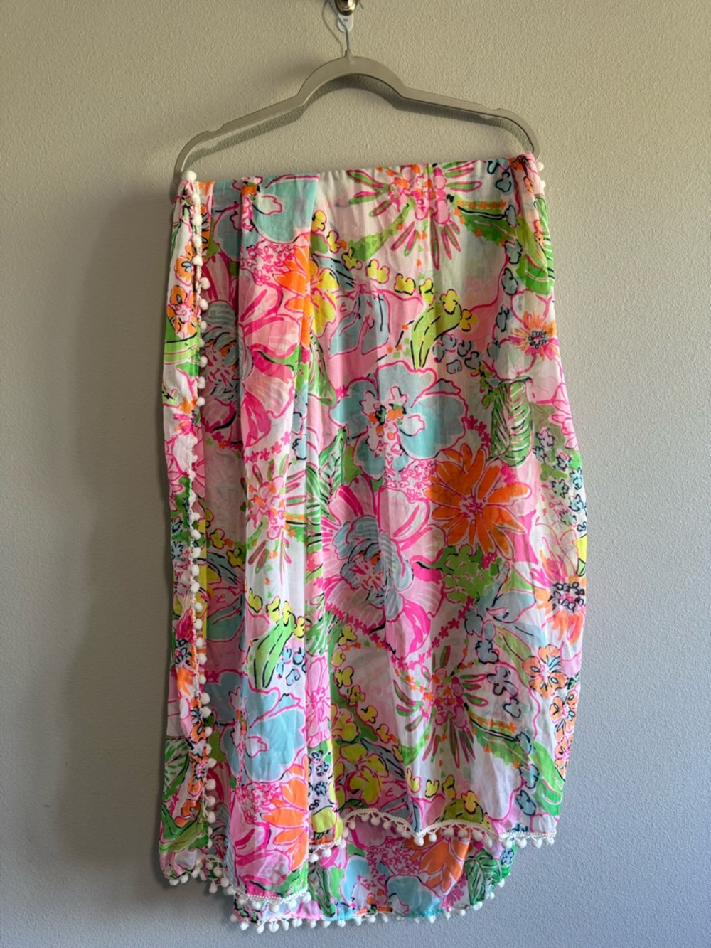 Lilly Pulitzer Floral Sarong in Pink, Green & Orange with Pom Pom Trim